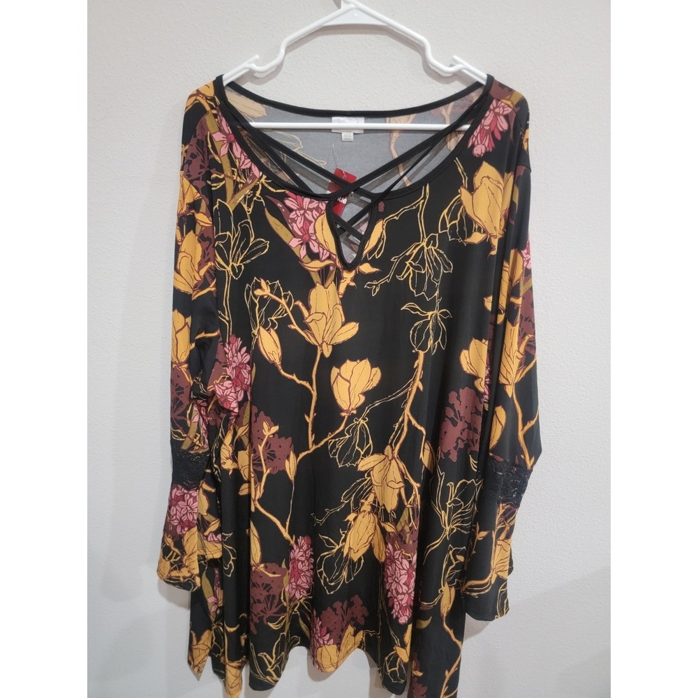 Avenue Women Plus Size 30/32 Top Strappy Neck Lace Accent Long‎ Sleeve NWT